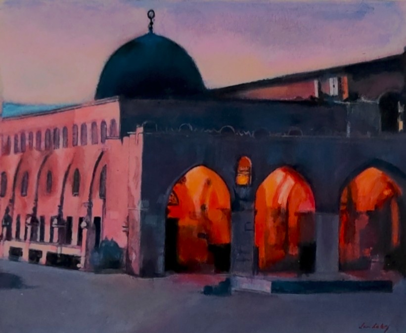 Al-Aqsa Mosque Sunset oil by Lea Laboy, private collection